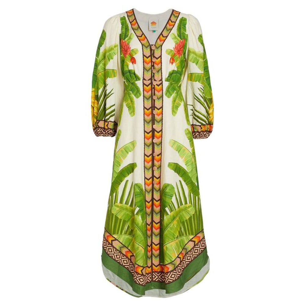 Farm Rio Womens Fresh Forest Linen Blend Midi Dress Small Multi - NWT $275
